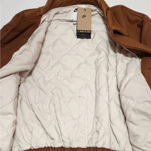 New Nike Air Varsity Jacket Wool Leather Tan Brown FZ1168 281 Men's Large Tall - Picture 2 of 8